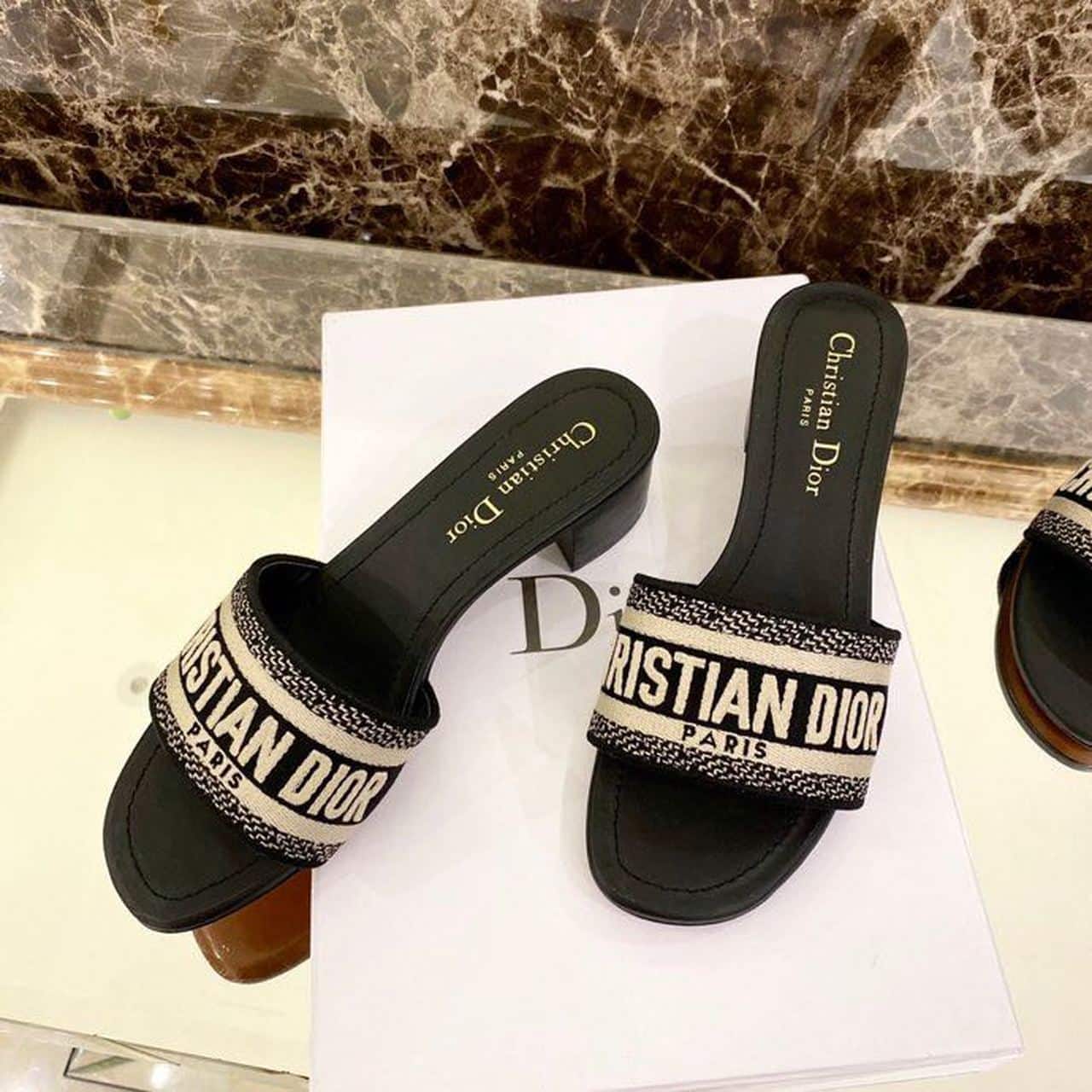 (1:1 replica) Christian Dior Dway Heeled Slide Deep Black Embroidered Cotton Deep For Women CD KCQ244ERC_S56B