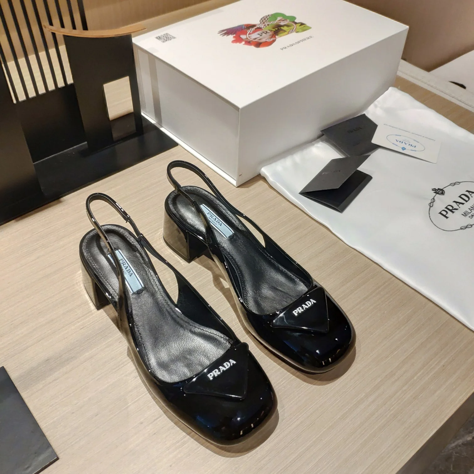 (1:1 replica) Prada Patent Sling-Back Pumps Black For Women 1.8in/45mm PRD 1I767M_069_F0002_F_090