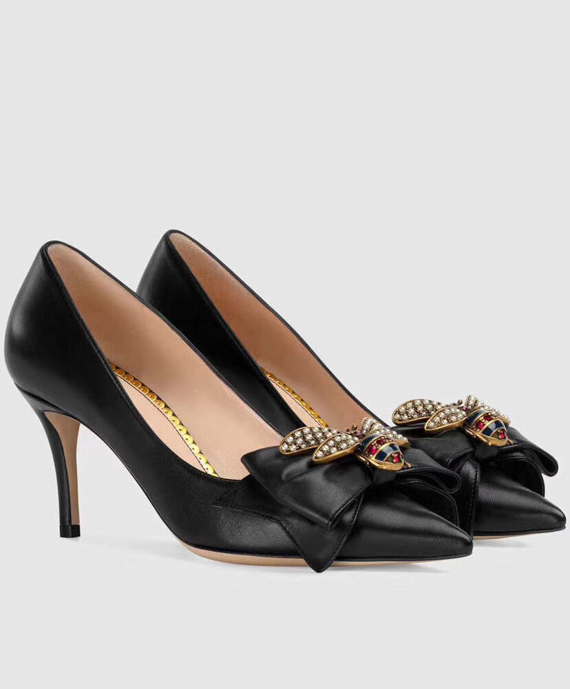(1:1 replica) Gucci Women s Leather mid-heel pump with bow 496641