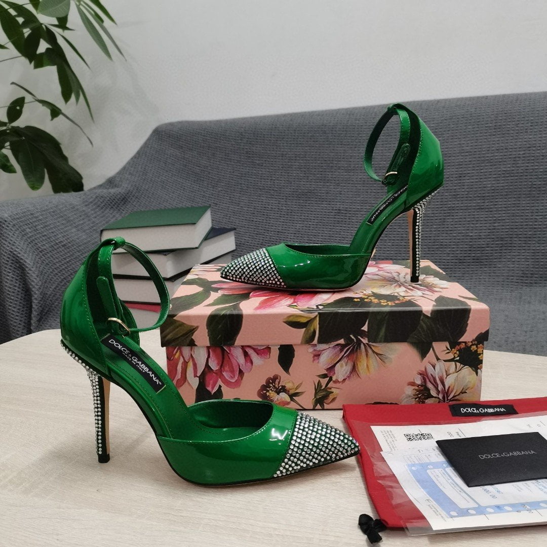 (1:1 replica) Dolce Gabbana Patent Pumps With Fusible Rhinestones Green For Women DG Shoes