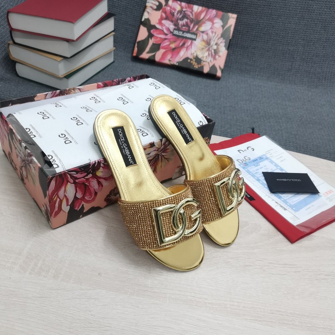 (1:1 replica) Dolce Gabbana Crystal Mesh Sliders With DG Logo Gold For Women DG Shoes