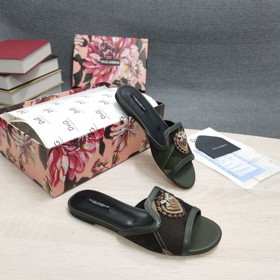 (1:1 replica) Dolce Gabbana Devotion Slides In Camouflage Patchwork Black For Women DG Shoes CQ0446AY8438N913
