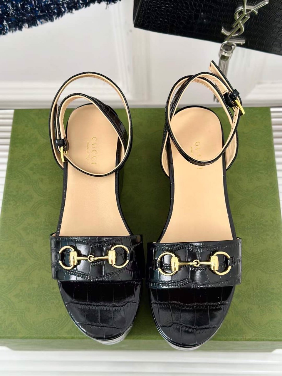 (1:1 replica) Gucci Horsebit Leather Women s Wedge Sandals 7.5cm