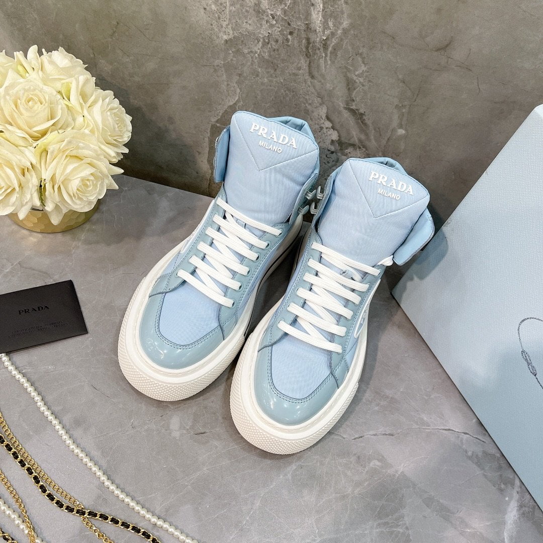 (1:1 replica) Prada Macro Re-Nylon And Brushed High-Top Sneakers Blue For Women 1.8in/45mm PRD