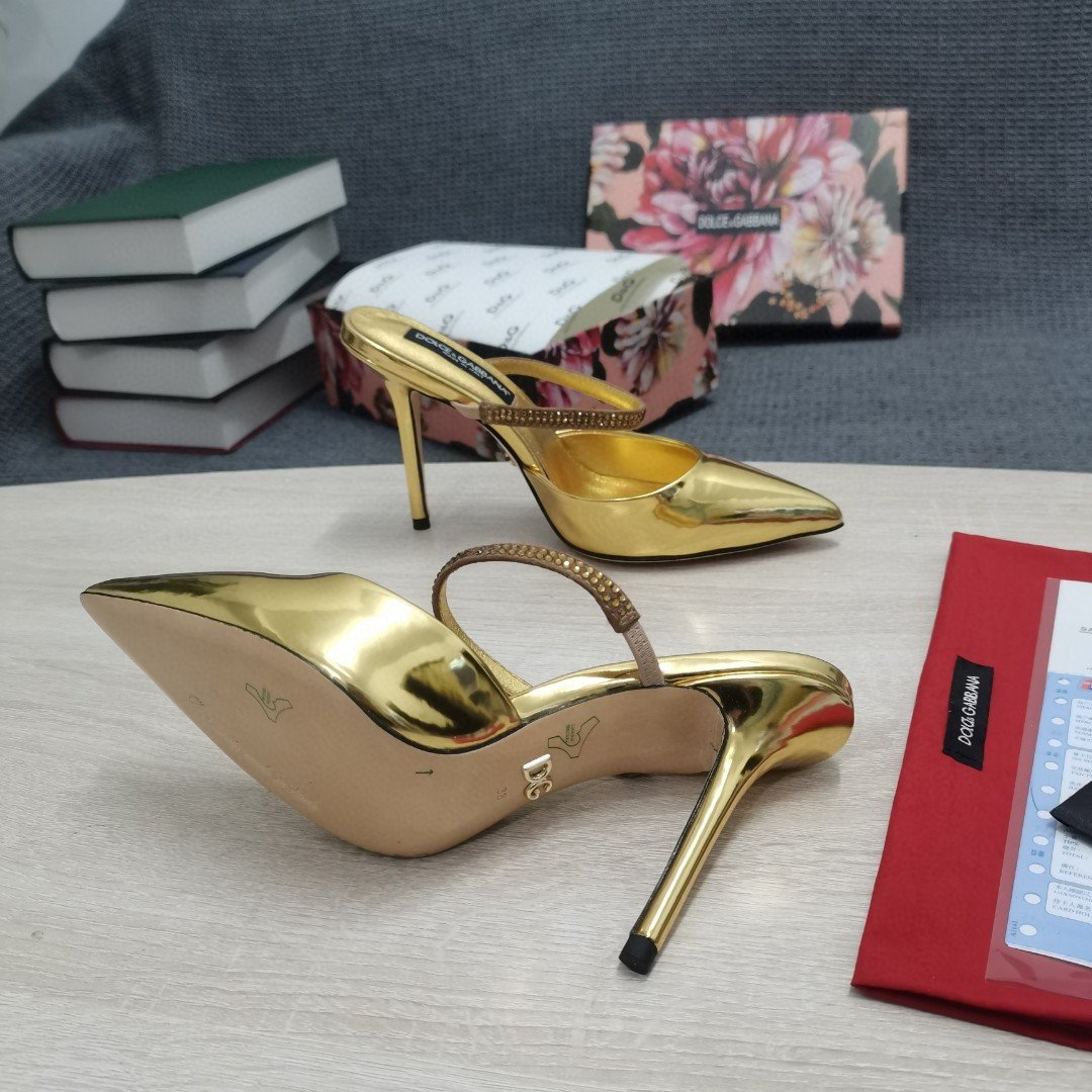 (1:1 replica) Dolce Gabbana Polished Mules With Embroidery Gold For Women DG Shoes