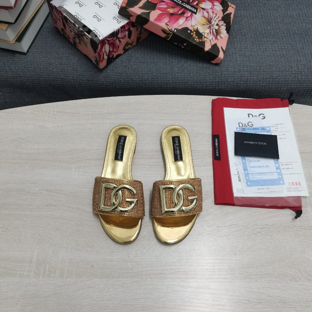 (1:1 replica) Dolce Gabbana Crystal Mesh Sliders With DG Logo Gold For Women DG Shoes