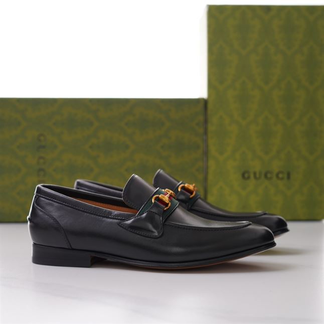 (1:1 replica) GUCCI BRIXTON WEB LOAFER IN LEATHER WITH HORSEBIT GL013