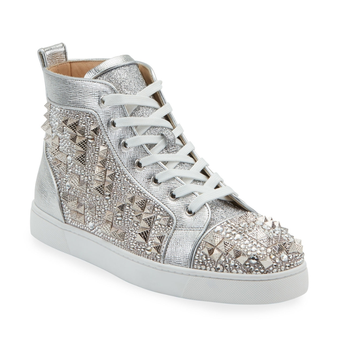 (1:1 replica) Christian Louboutin Men s Studded Metallic Leather High-Top Sneakers