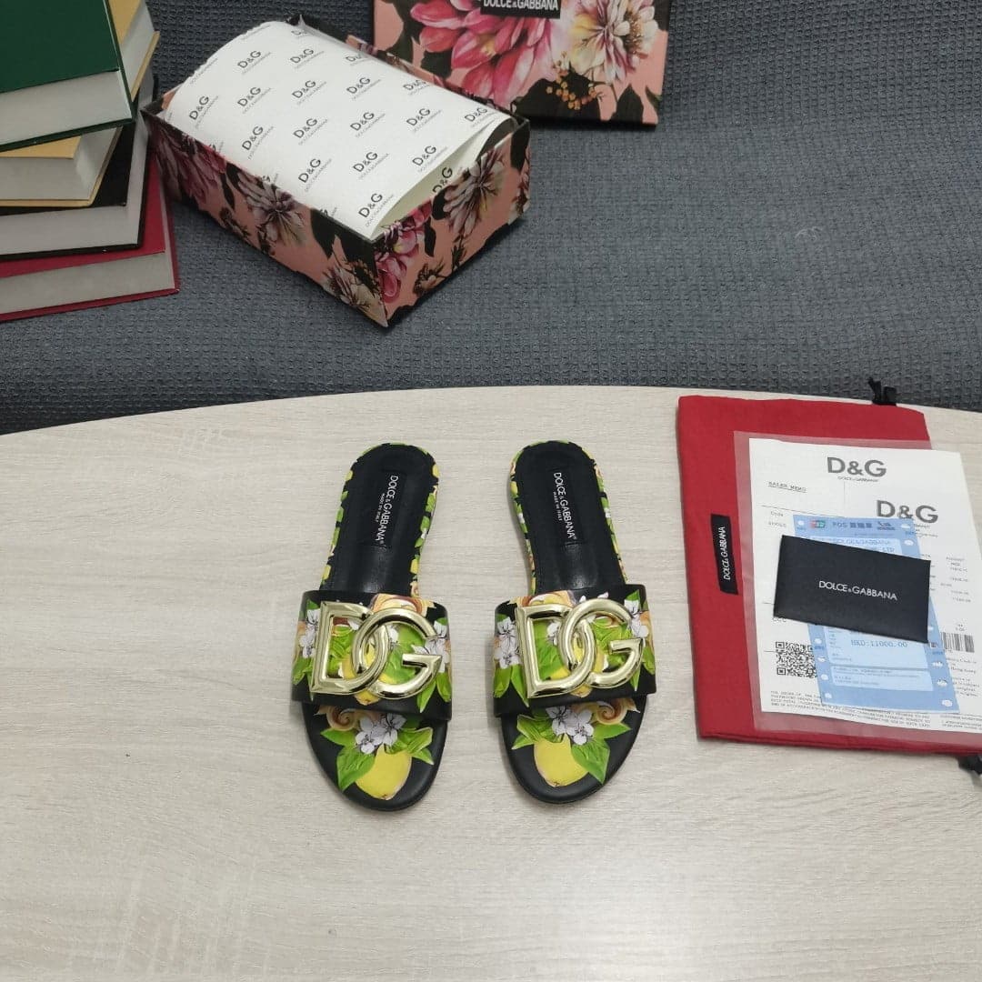 (1:1 replica) Dolce Gabbana Jacquard Slides With DG Logo Black For Women DG Shoes