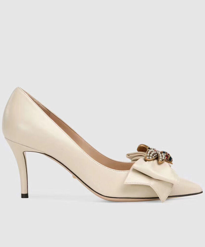 (1:1 replica) Gucci Women s Leather mid-heel pump with bow 496641