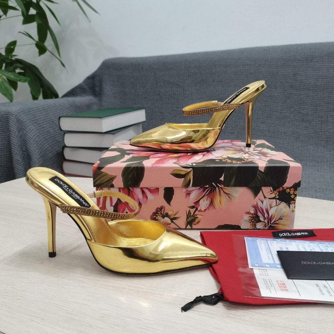 (1:1 replica) Dolce Gabbana Polished Mules With Embroidery Gold For Women DG Shoes