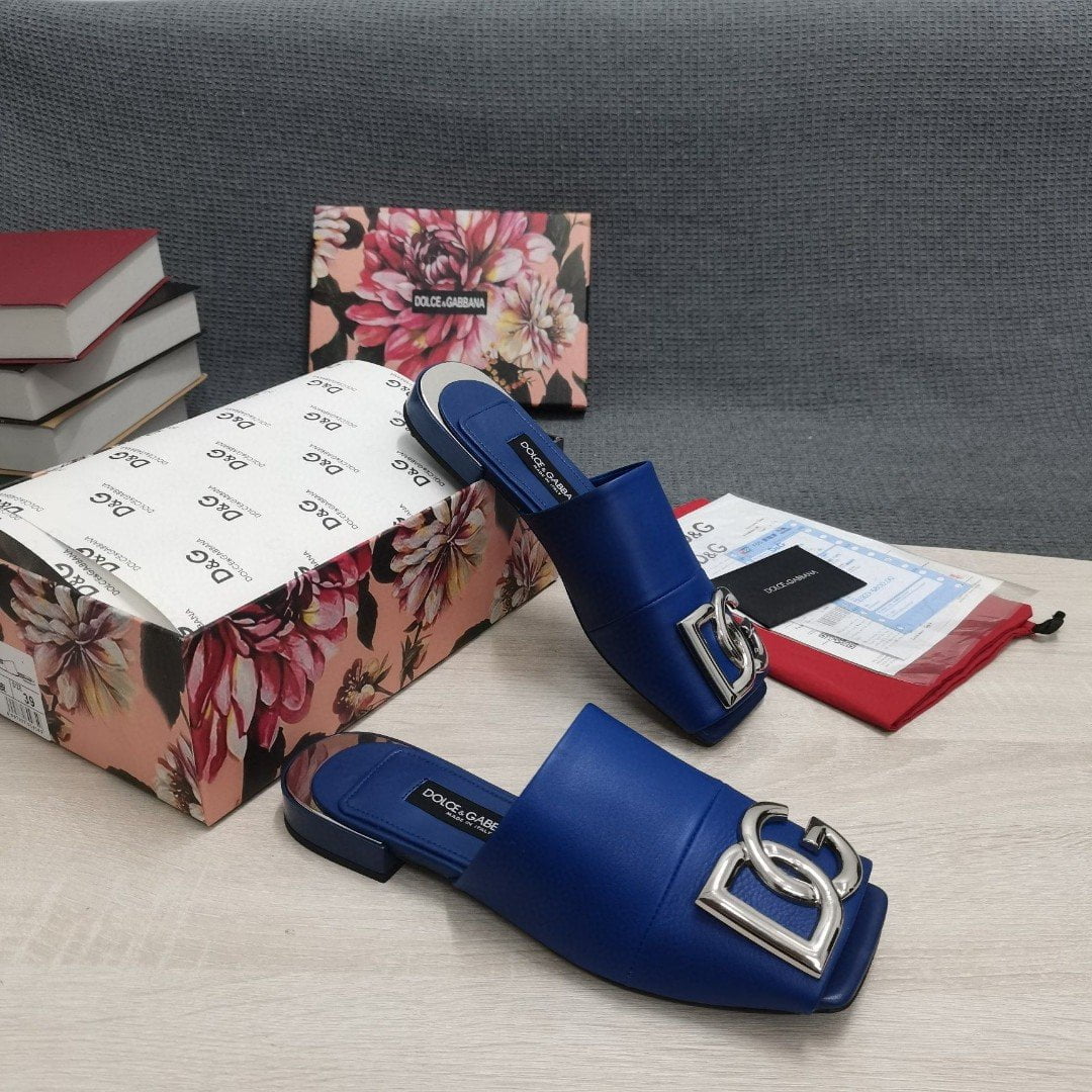 (1:1 replica) Dolce Gabbana Nappa Slides With DG Logo Dark Blue For Women DG Shoes