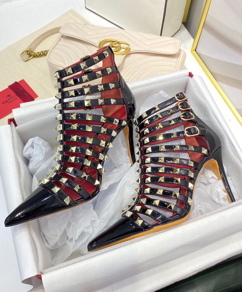 (1:1 replica) Valentino Women s Rockstud Alcove Patent-Leather Boot 100 MM Black