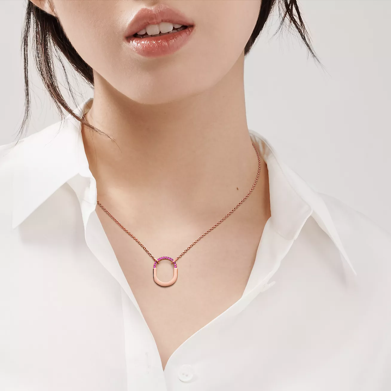 Tiffany Lock Small Pendant in Rose Gold with Pink Sapphires (1:1 replica)