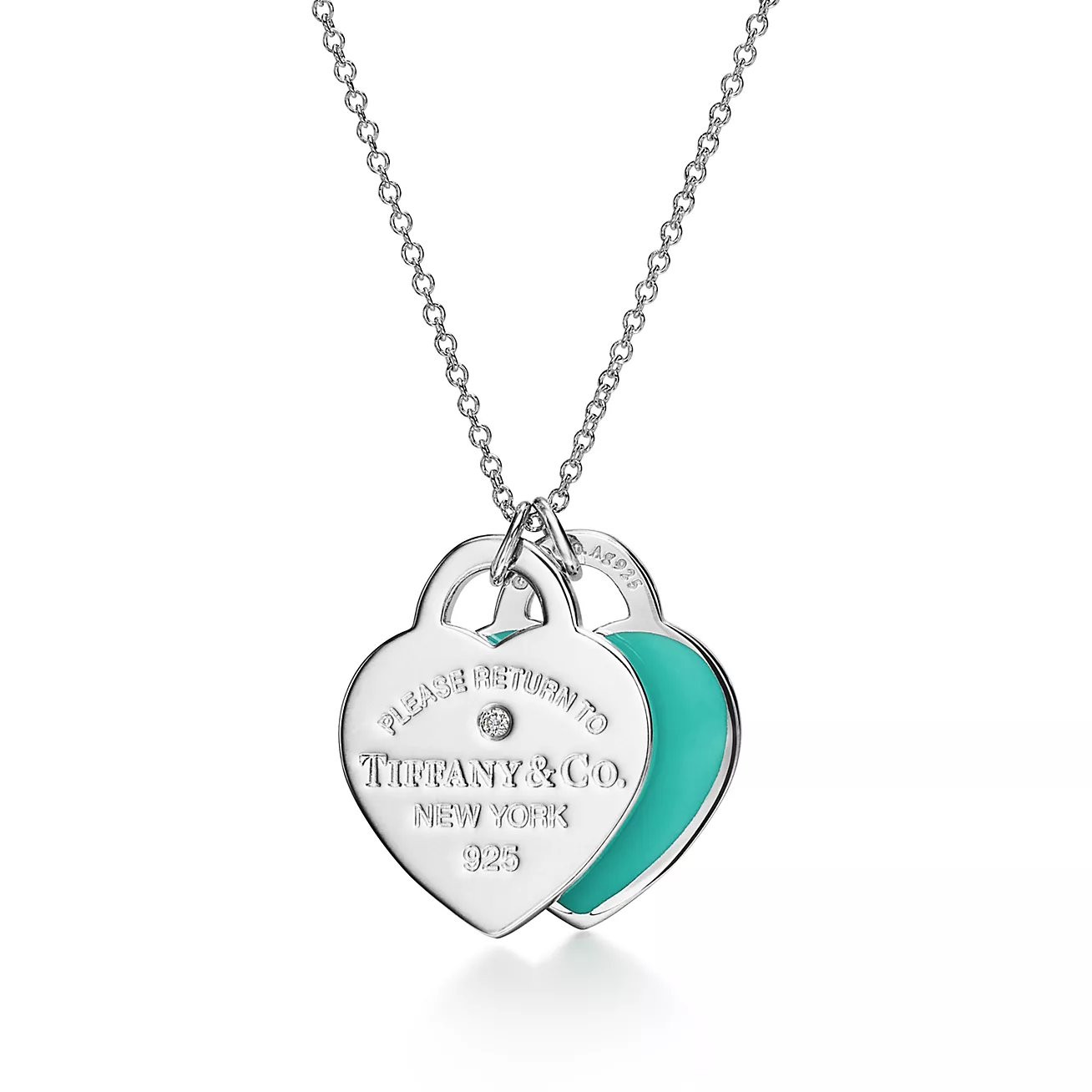 Tiffany Blue Double Heart Tag Pendant in Silver with a Diamond, Small (1:1 replica)