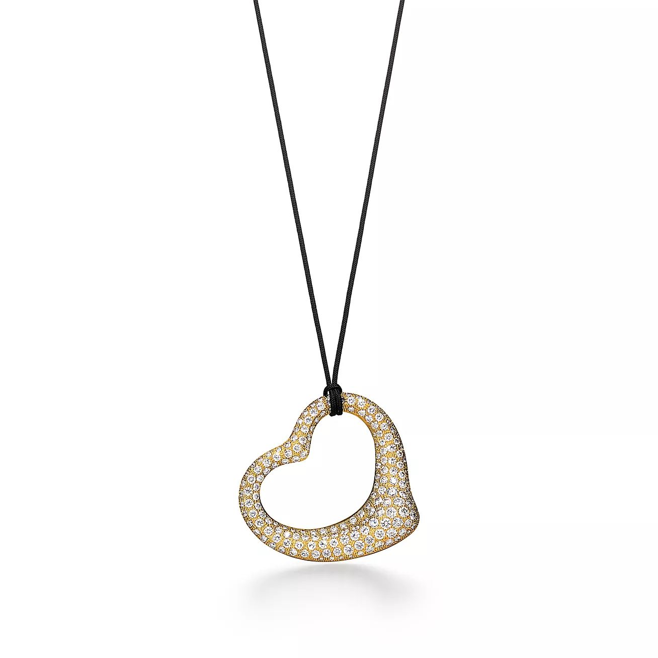 Tiffany Open Heart Pendant in Yellow Gold with Pavé Diamonds and Black Silk (1:1 replica)