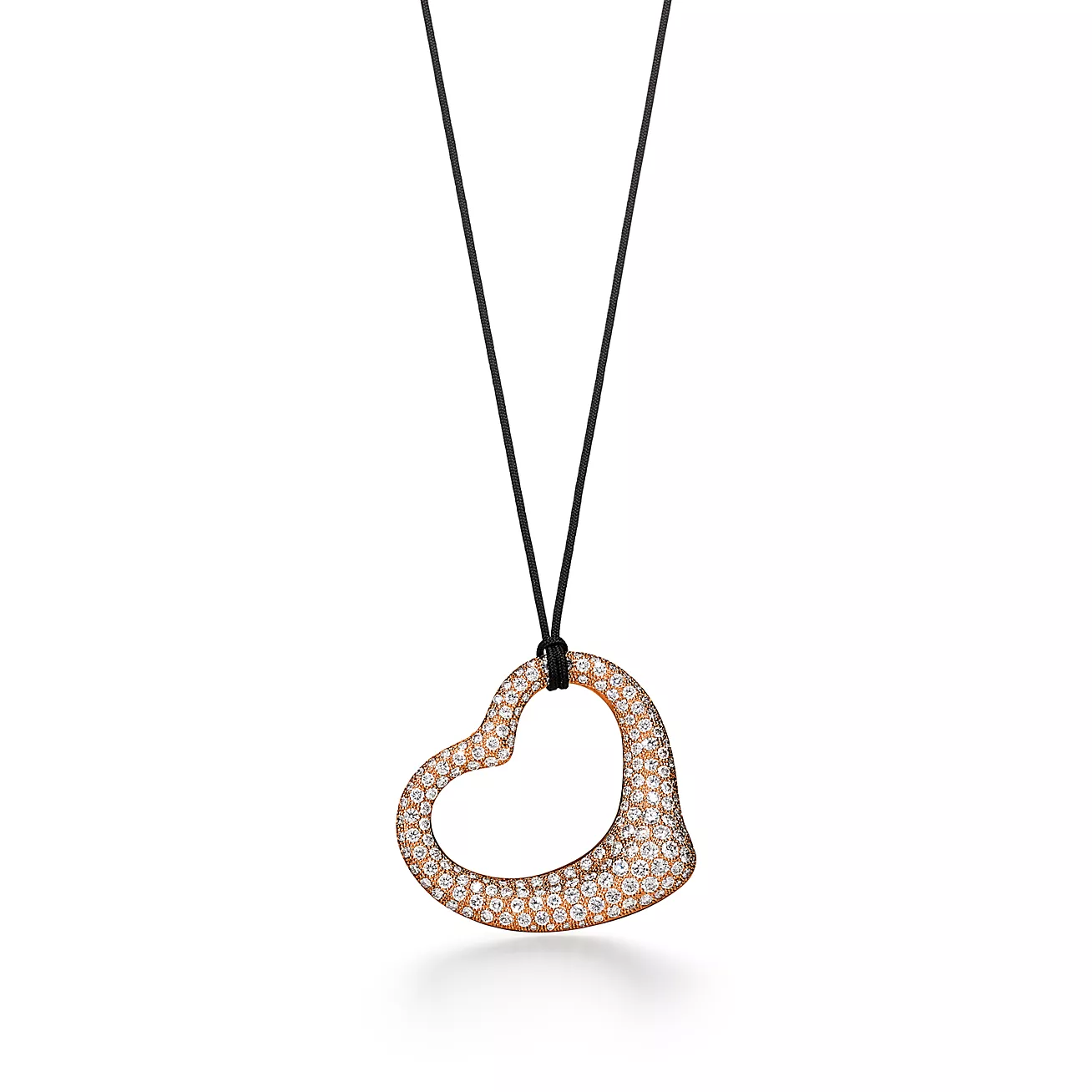 Tiffany Open Heart Pendant in Rose Gold with Pavé Diamonds and Black Silk (1:1 replica)