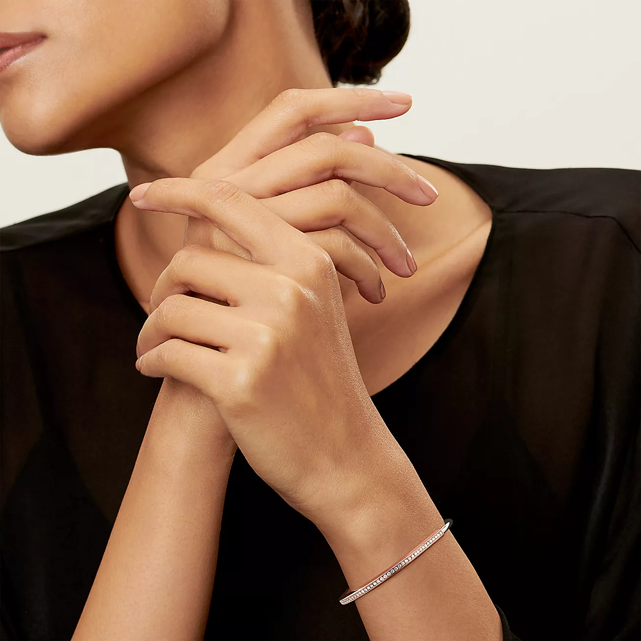 Tiffany Lock Narrow Bangle in Rose and White Gold with Half Pavé Diamonds (1:1 replica)
