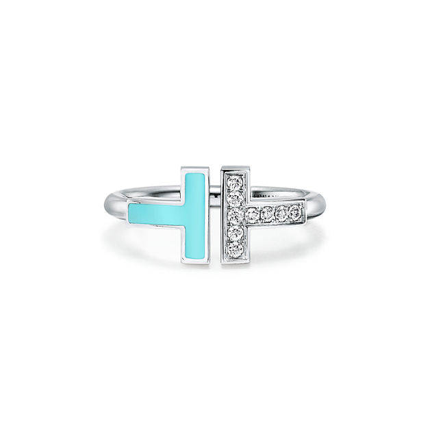 Tiffany T Diamond and Turquoise Wire Ring in White Gold (1:1 replica)