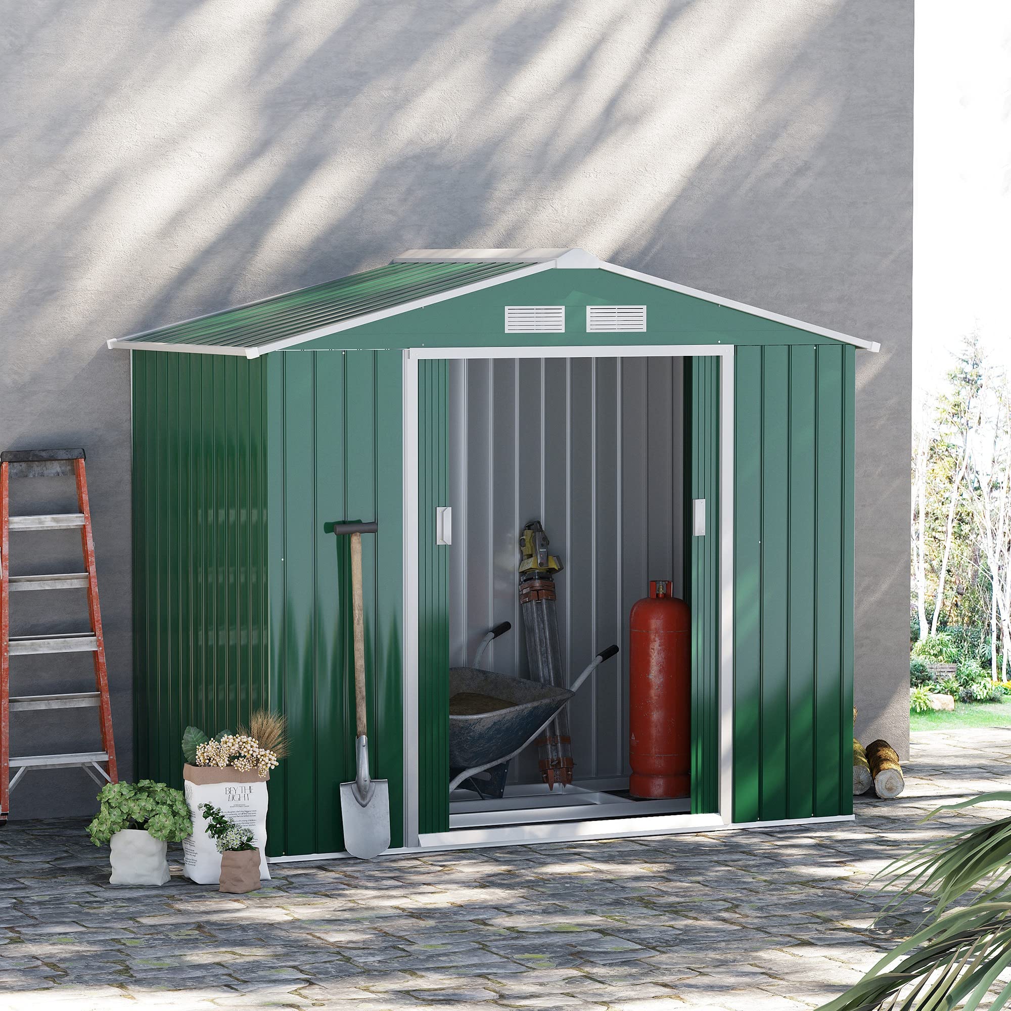7' x 4' x 6' Garden storage shed metal tool shed with floor base and double doors