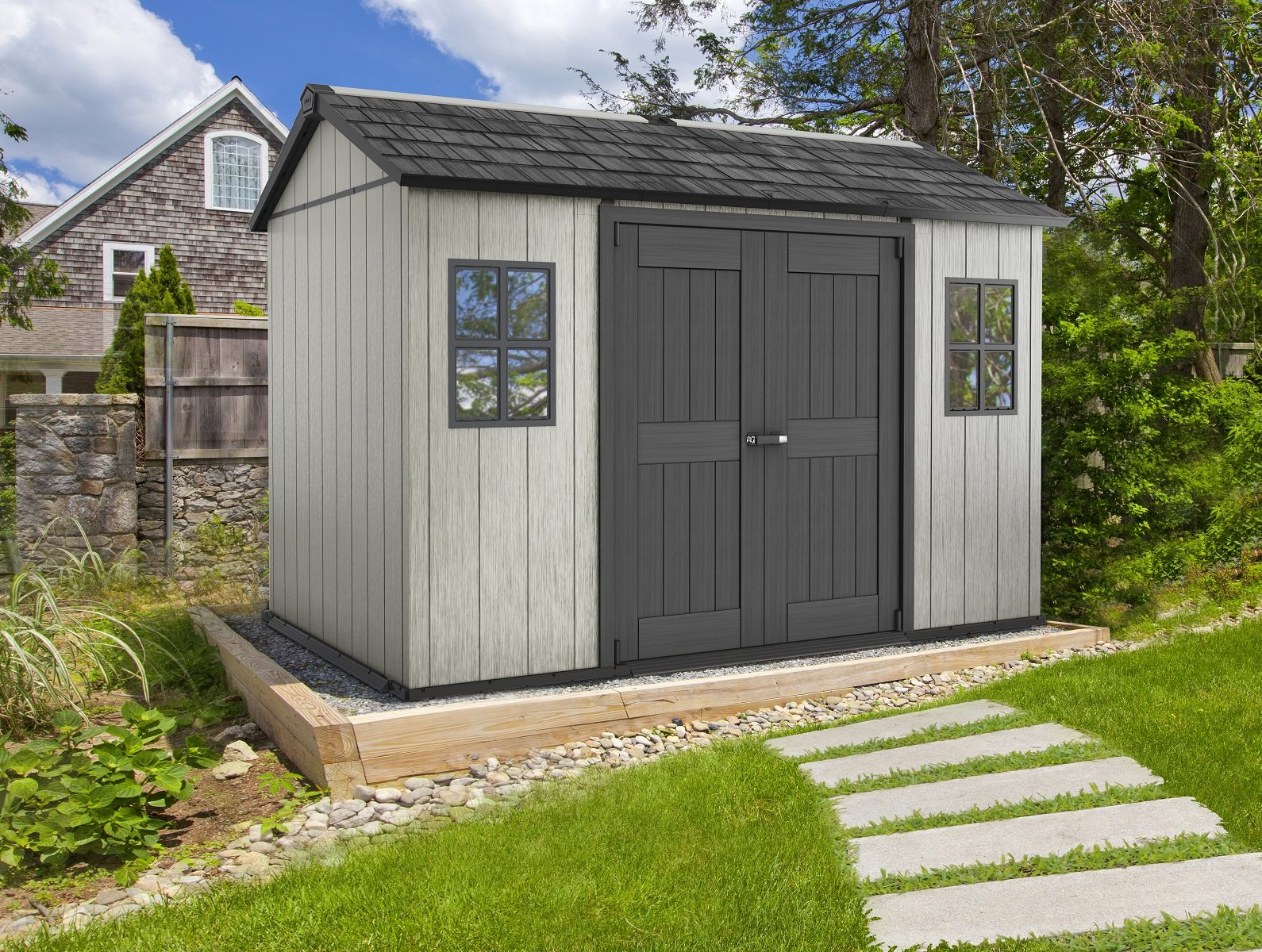 Outdoor Plastic Garden Storage Shed, Grey, 11x7.5 feet