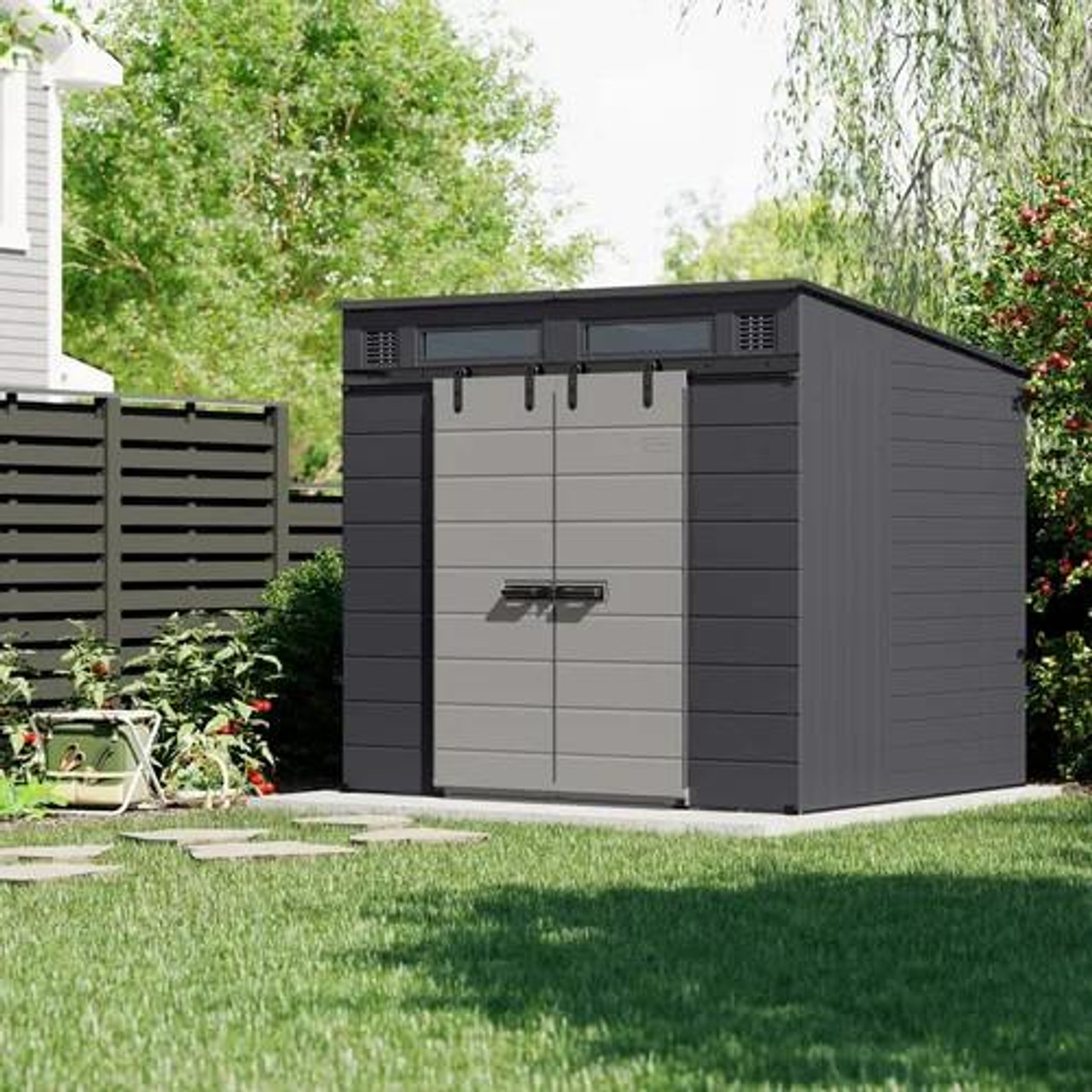 Suncast Modernist 8 ft. x 7 ft. Dual Barn Door Storage Shed – Multi-Wall Resin Panels