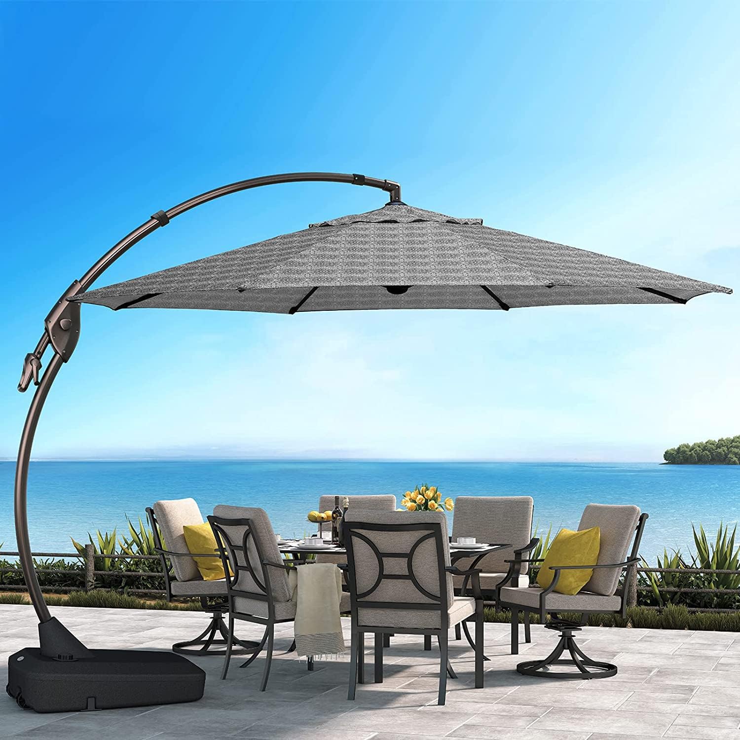 12FT Cantilever Umbrella with Base Outdoor Large Round Aluminum Offset Umbrella for Patio Garden Backyard (Champagne, 11 FT)