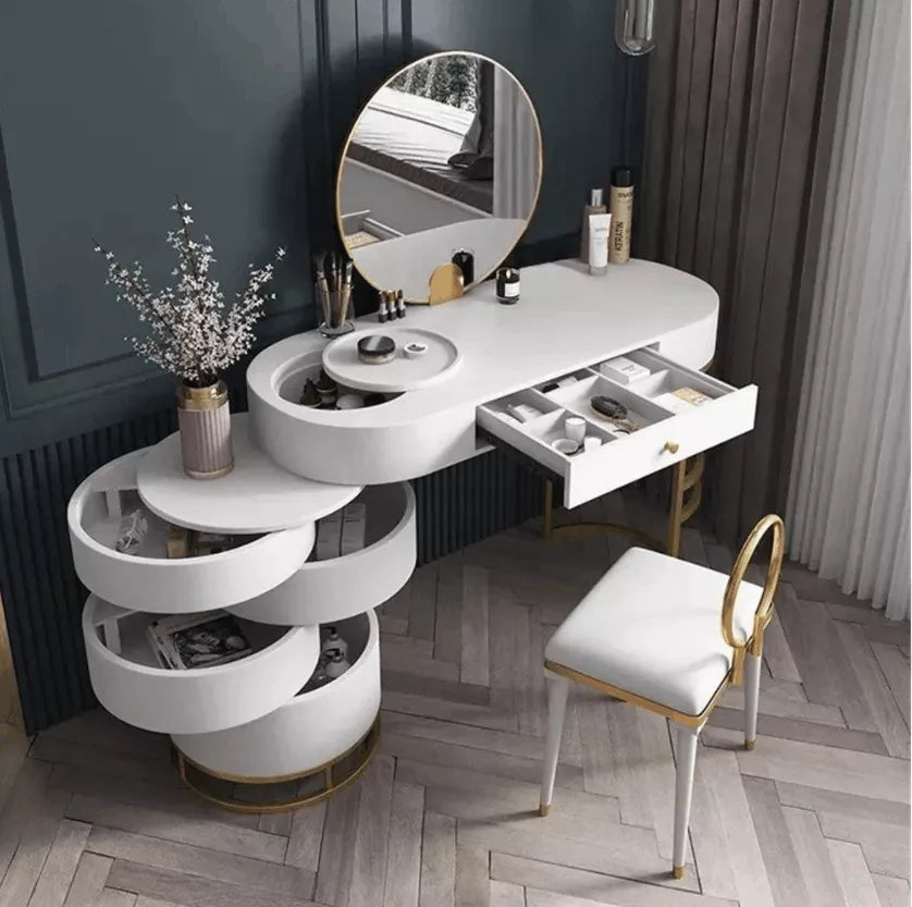 Makeup Vanity Dressing Table With Swivel Cabinet Mirror & Stool Included