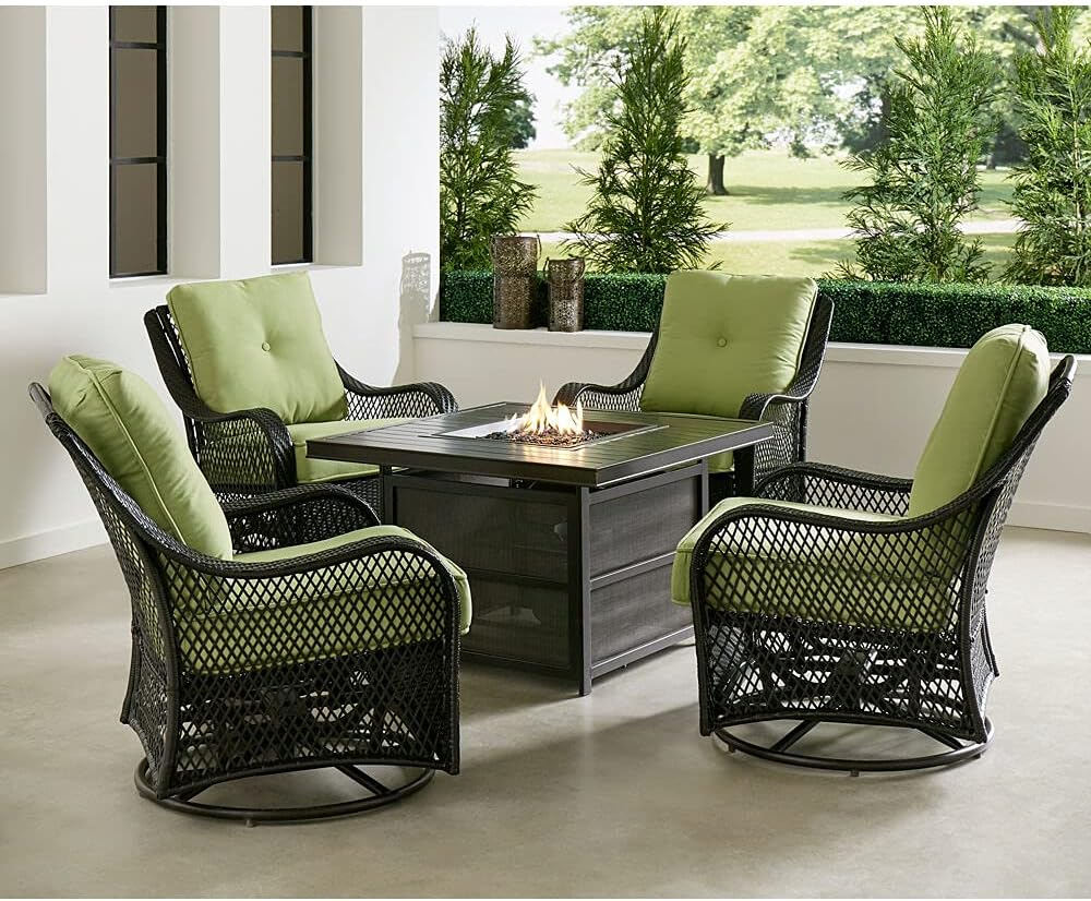 Hanover Orleans 5-Piece Steel Patio Fire Pit Conversation Set with Cushions, Swivel Gliders and Square Fire Pit Table