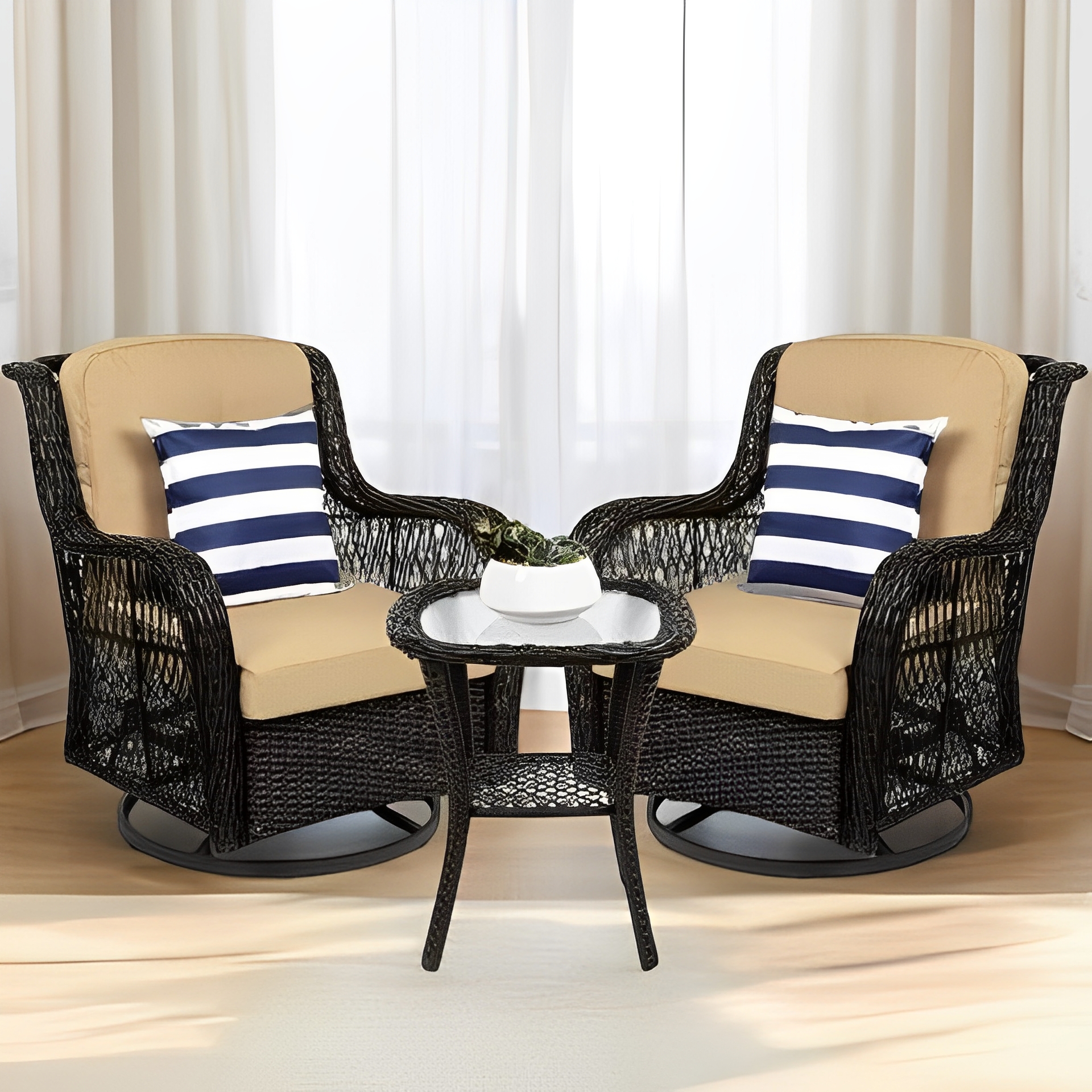 3-Piece Patio Wicker Bistro Furniture Set w/ 2 Swivel Rocking Chairs, Table