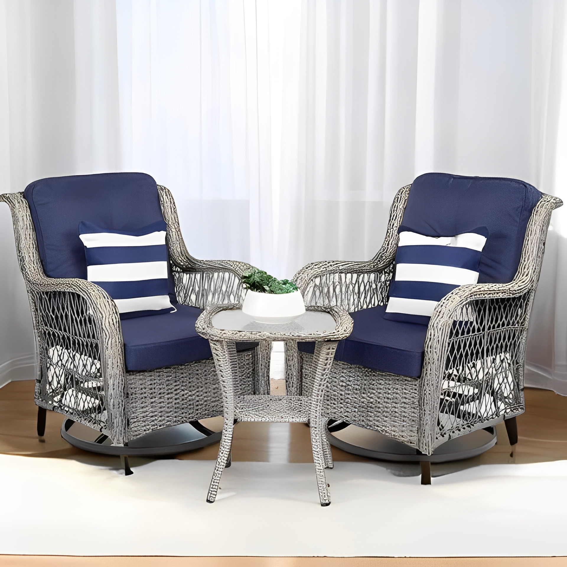 3-Piece Patio Wicker Bistro Furniture Set w/ 2 Swivel Rocking Chairs, Table