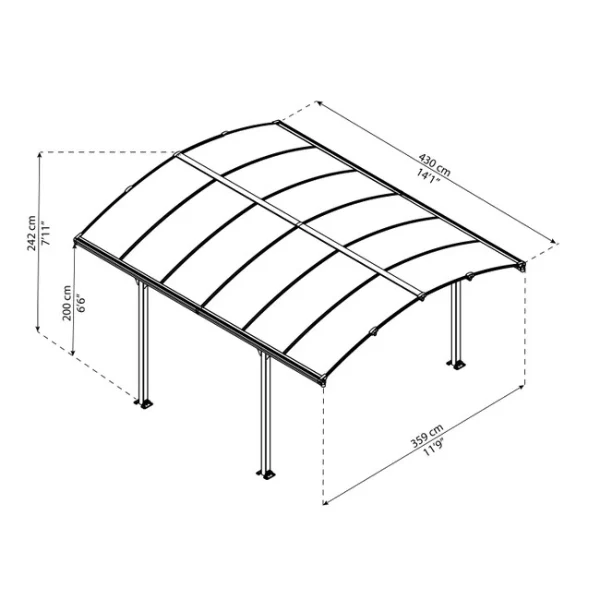 Carport aluminium et polycarbonate, H 242 cm x L 359 cm x P 435 cm