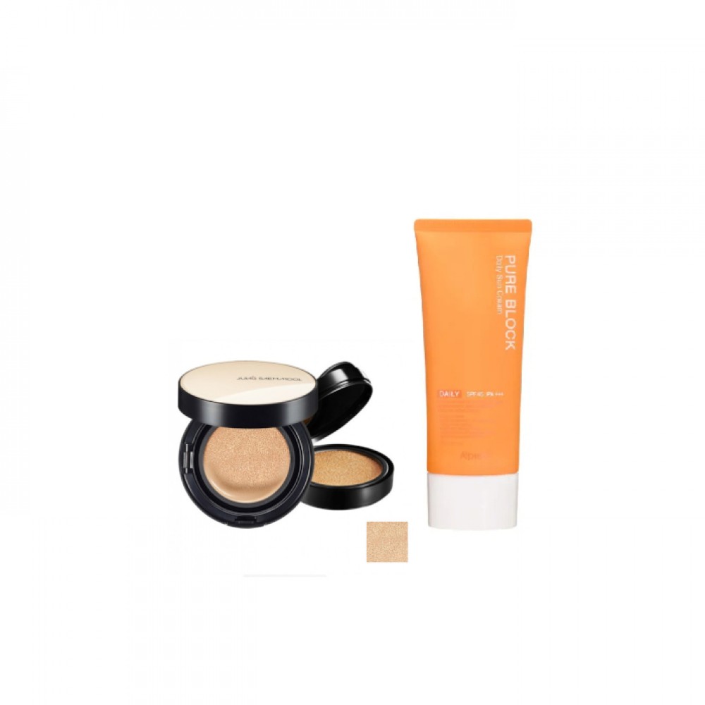 A'PIEU - Pure Block Natural Daily Sun Cream SPF45 PA+++ - 100ml X Jung Saem Mool - Essential Skin Nuder Cushion - 14g+14g - Light