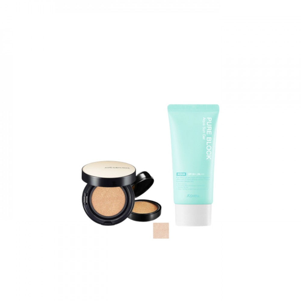 A'PIEU - Pure Block Aqua Sun Gel SPF50+ PA+++ X Jung Saem Mool - Essential Skin Nuder Long Wear Cushion - 14g+14g - Fair Light