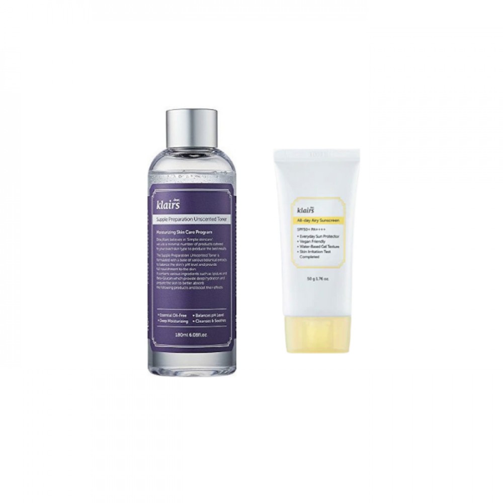 Dear; Klairs Supple Preparation Unscented Toner - 180ml + All-day Airy Sunscreen SPF50+ PA++++ - 50g (1ea) Set