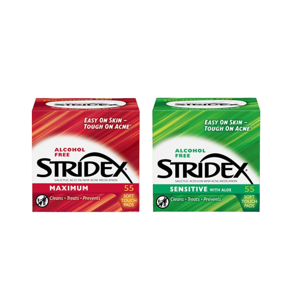 STRIDEX - Alcohol Free Maximum Pads (2% Salicylic Acid) RED - 55pcs + Sensitive Pads With Aloe GREEN - 55pcs set
