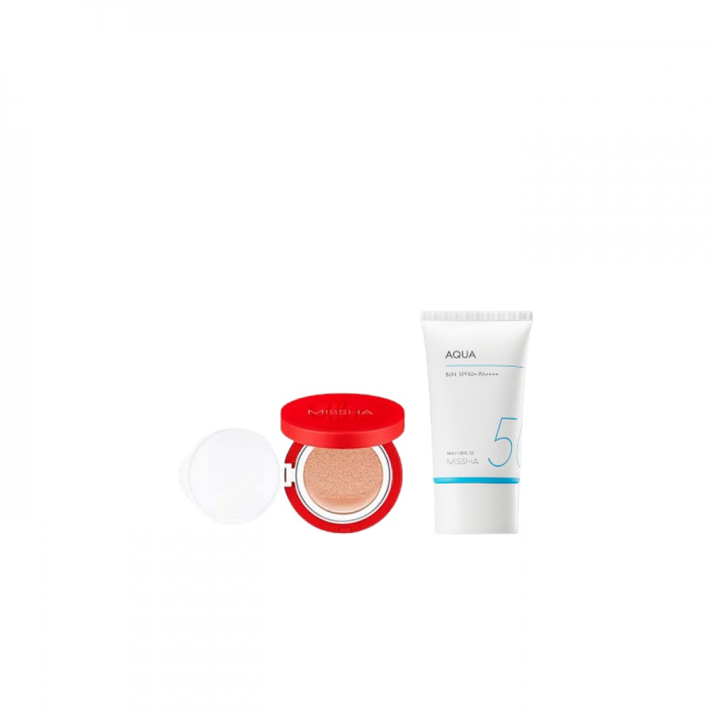 MISSHA - All-Around Safe Block Aqua Sun SPF50+ PA++++ (New version of All-Around Safe Block Aqua Sun Gel ) - 50ml X MISSHA - Velvet Finish Cushion SPF50+ PA+++ - 15g - 21