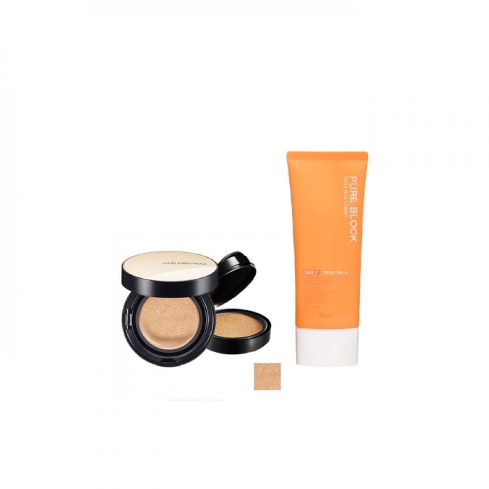 A'PIEU - Pure Block Natural Daily Sun Cream SPF45 PA+++ - 100ml X Jung Saem Mool - Essential Skin Nuder Cushion - 14g+14g - Medium
