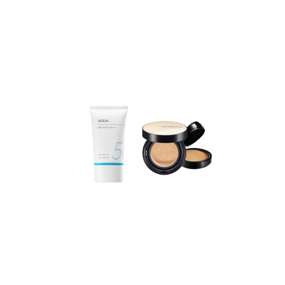 MISSHA - All-Around Safe Block Aqua Sun SPF50+ PA++++ (New version of All-Around Safe Block Aqua Sun Gel ) - 50ml X Jung Saem Mool - Essential Skin Nuder Cushion - 14g+14g - Medium-Deep