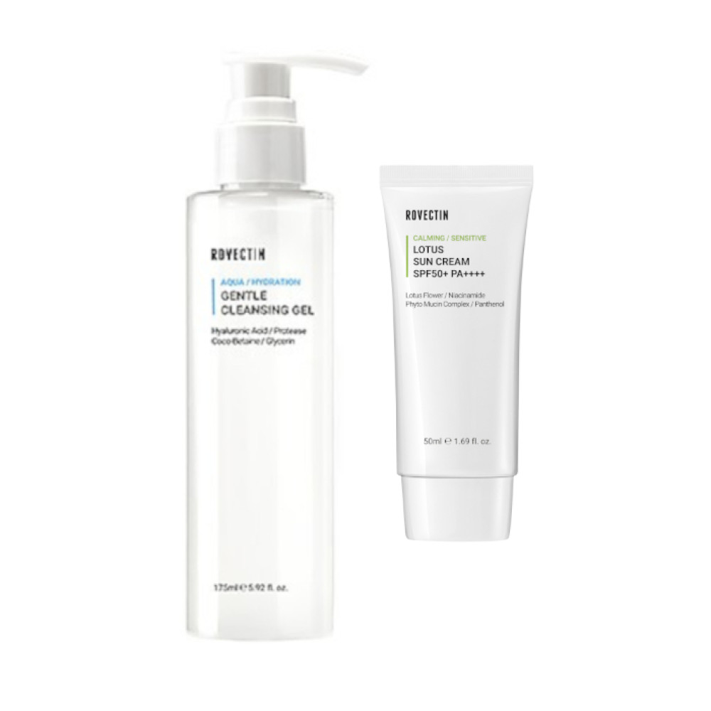 ROVECTIN - Aqua Gentle Cleansing Gel - 175ml + Calming Lotus Sun Cream SPF50+ PA++++ - 50ml Set