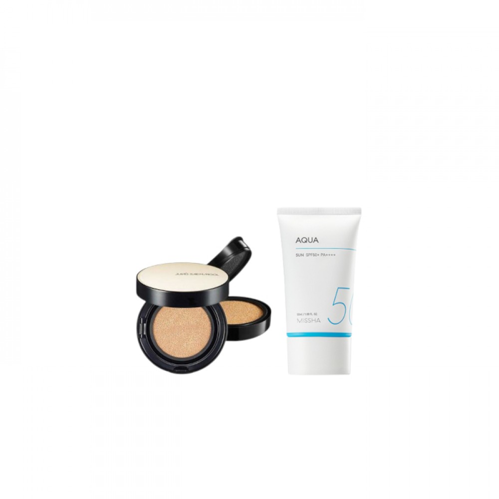 MISSHA - All-Around Safe Block Aqua Sun SPF50+ PA++++ (New version of All-Around Safe Block Aqua Sun Gel ) - 50ml X Jung Saem Mool - Essential Skin Nuder Long Wear Cushion - 14g +14g - Light