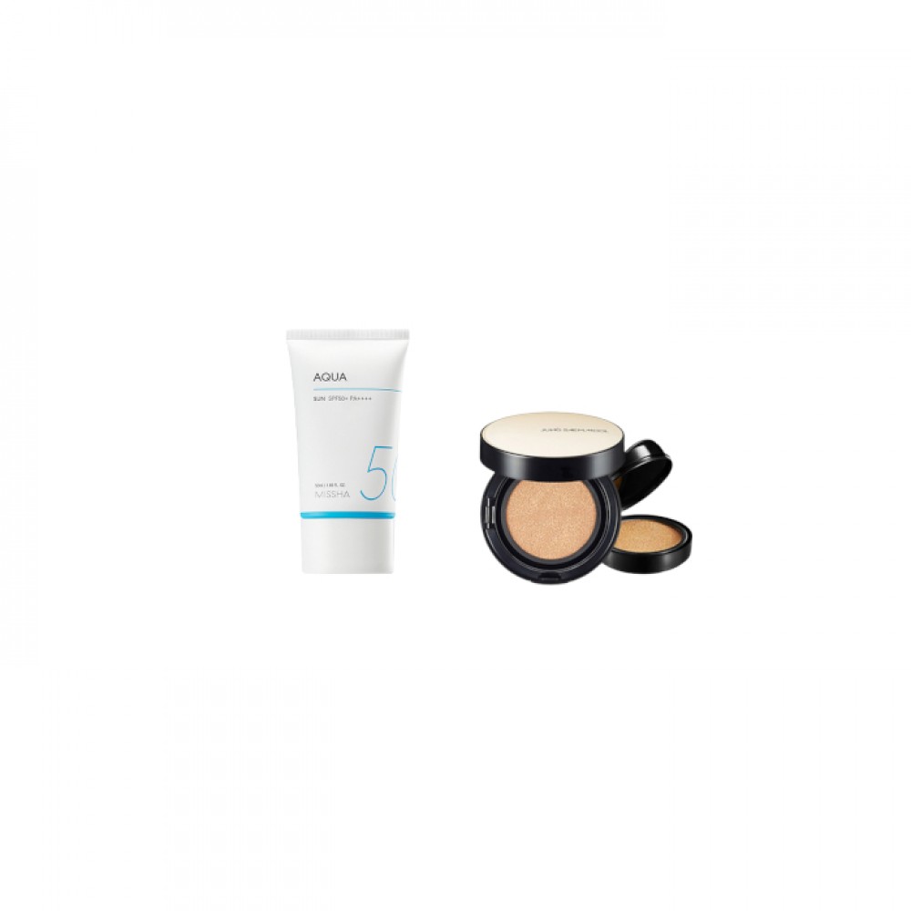 MISSHA - All-Around Safe Block Aqua Sun SPF50+ PA++++ (New version of All-Around Safe Block Aqua Sun Gel ) - 50ml X Jung Saem Mool - Essential Skin Nuder Long Wear Cushion - 14g+14g - Medium