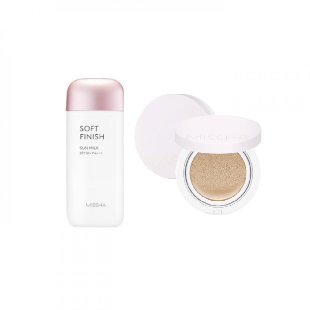 MISSHA All-Around Safe Block Soft Finish Sun Milk SPF50+ PA+++ - 70ml (1ea) + Magic Cushion Cover Lasting - 15g (SPF50+ PA+++) - No.23 (1ea) Set