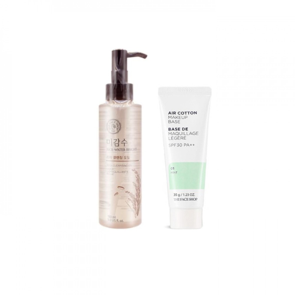 THE FACE SHOP Rice Water Bright Rich Cleansing Oil - 150ml (1ea) + Air Cotton Makeup Base - Mint (1ea) Set