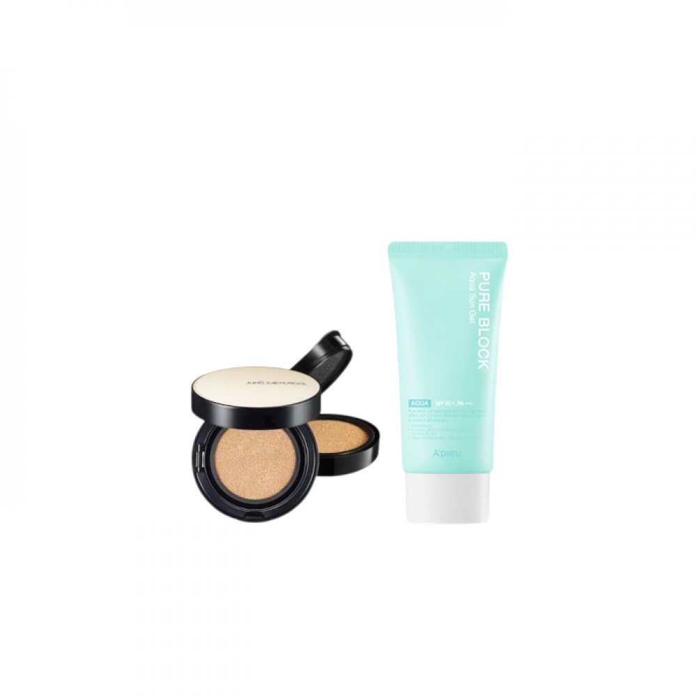 A'PIEU - Pure Block Aqua Sun Gel SPF50+ PA+++ X Jung Saem Mool - Essential Skin Nuder Long Wear Cushion - 14g +14g - Light