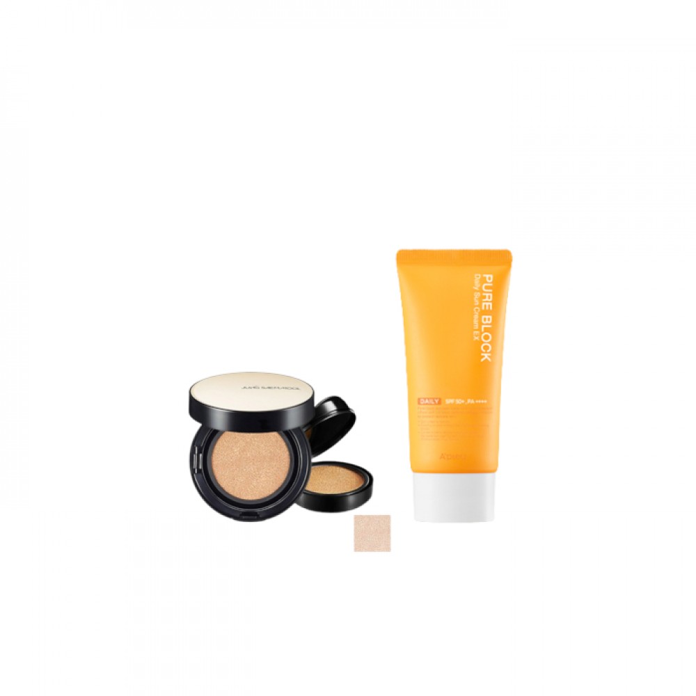 A'PIEU - Pure Block Natural Daily Sun Cream SPF45 PA+++ - 100ml X Jung Saem Mool - Essential Skin Nuder Long Wear Cushion - 14g+14g - Fair Light