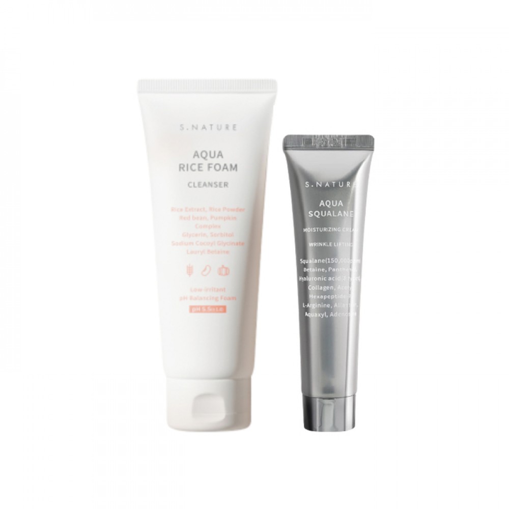 S.NATURE - Aqua Rice Foam Cleanser - 160ml + Aqua Squalane Moisturizing Cream - 80ml Set