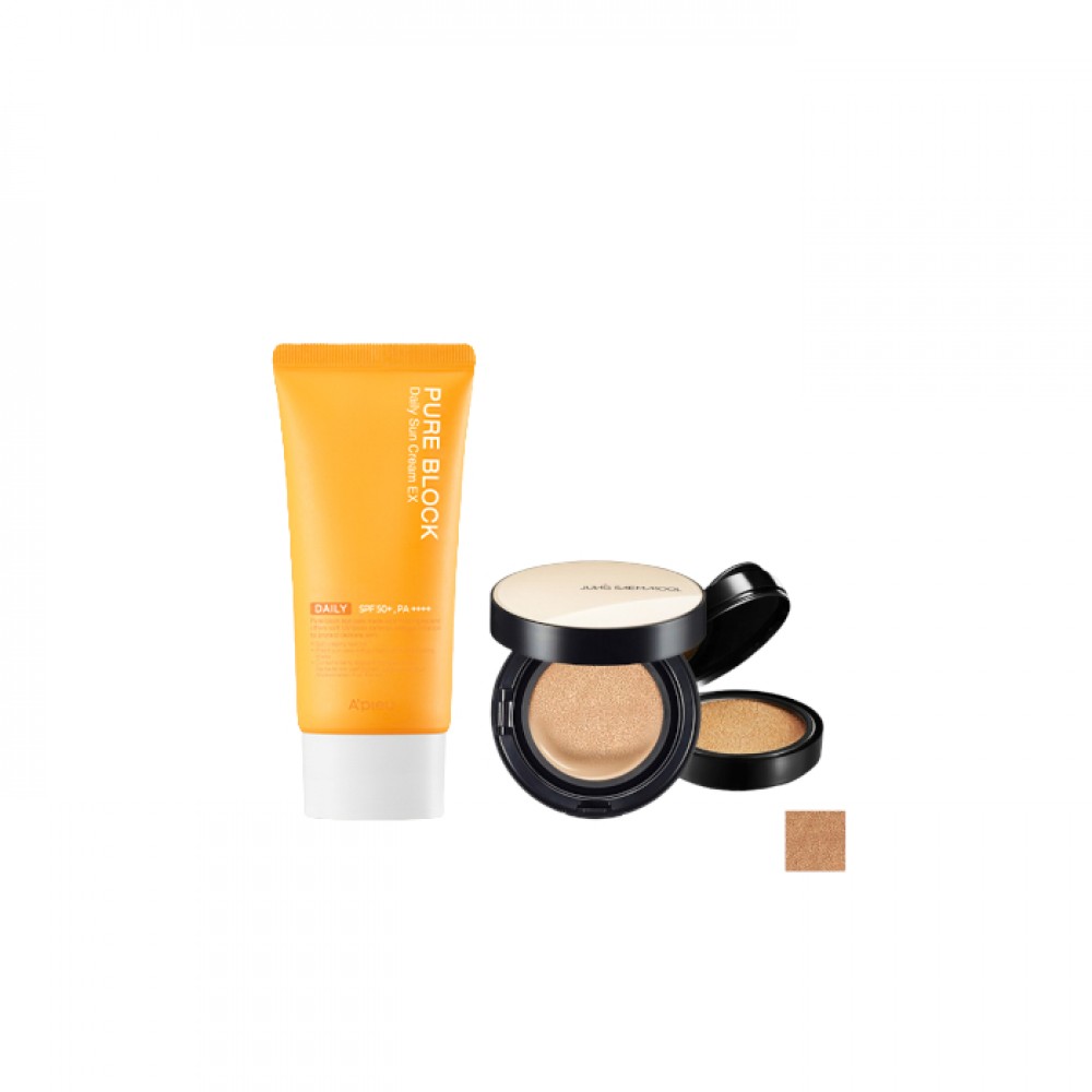 A'PIEU - Pure Block Natural Daily Sun Cream SPF45 PA+++ - 100ml X Jung Saem Mool - Essential Skin Nuder Cushion - 14g+14g - Medium-Deep