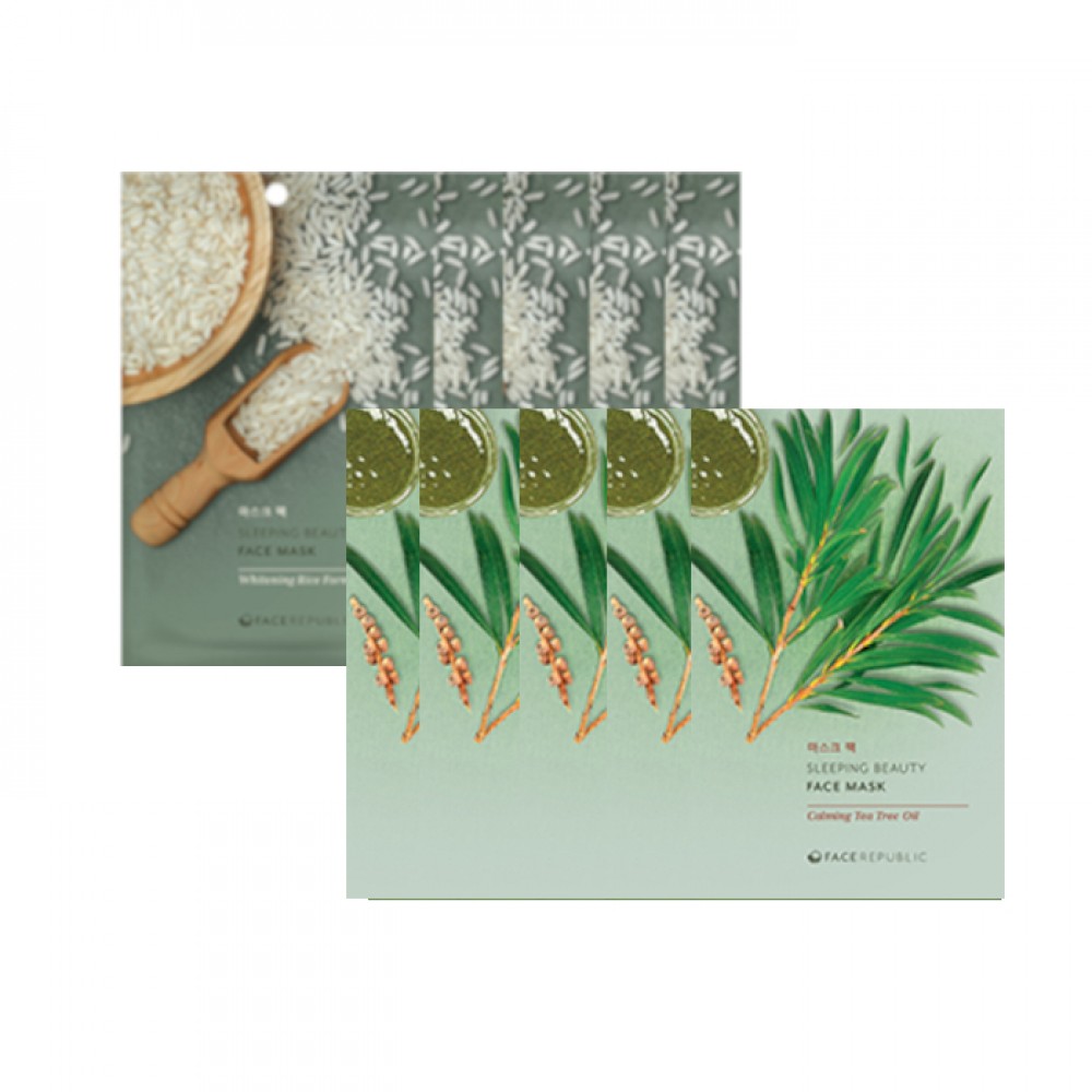 face republic - Sleeping Beauty Face Mask - 23ml - Whitening Rice Formula (5ea) + Sleeping Beauty Face Mask - 23ml - CalmingTea Tree Oil (5ea) set