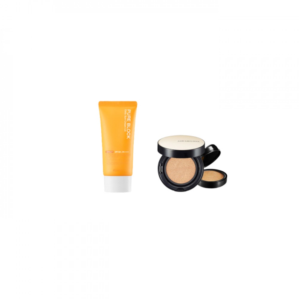 A'PIEU - Pure Block Natural Daily Sun Cream SPF45 PA+++ - 100ml X Jung Saem Mool - Essential Skin Nuder Long Wear Cushion - 14g+14g - Medium